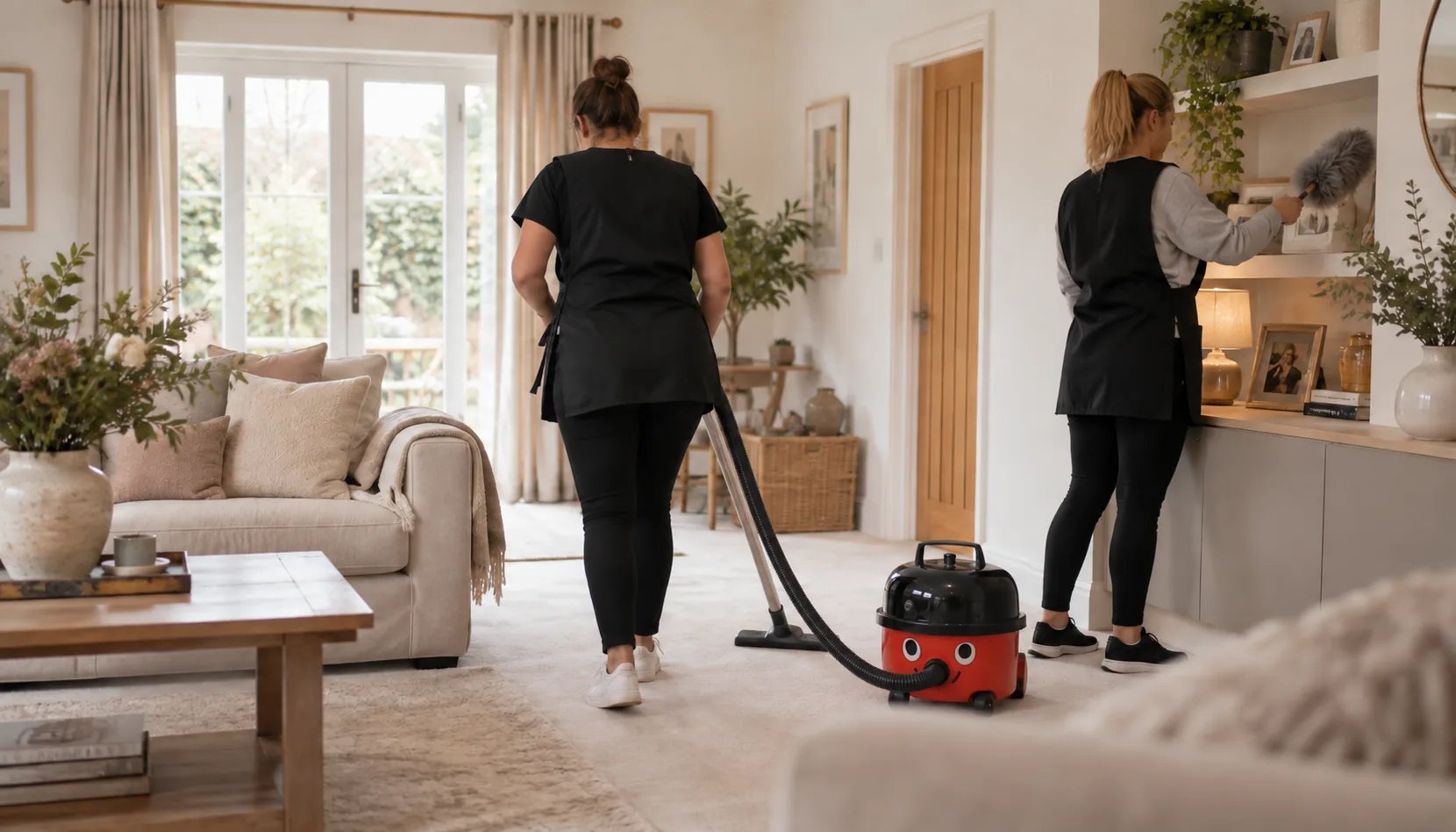 Two cleaners working in a bright, tidy home